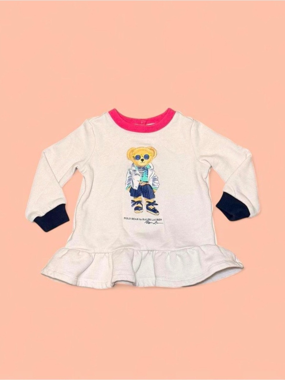 Ralph Lauren Baby Girl Polo Bear Peplum Sweatshirt Dress 9M Preppy Pink Navy EUC